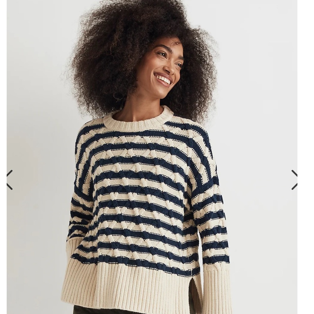 Madewell cable knit oversized sweater in stripe pullover crew neck